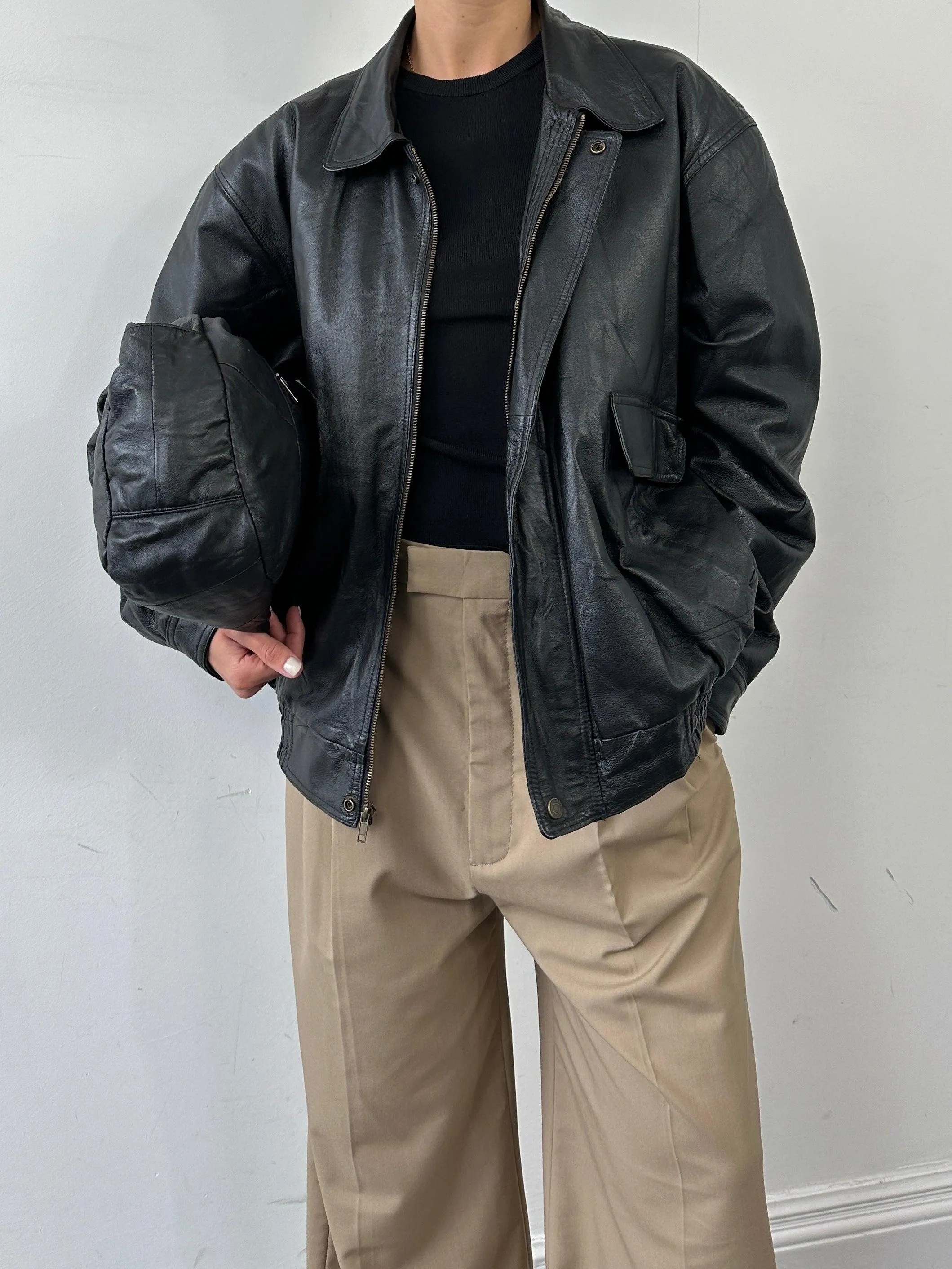 Vintage Leather Bomber Jacket - XL