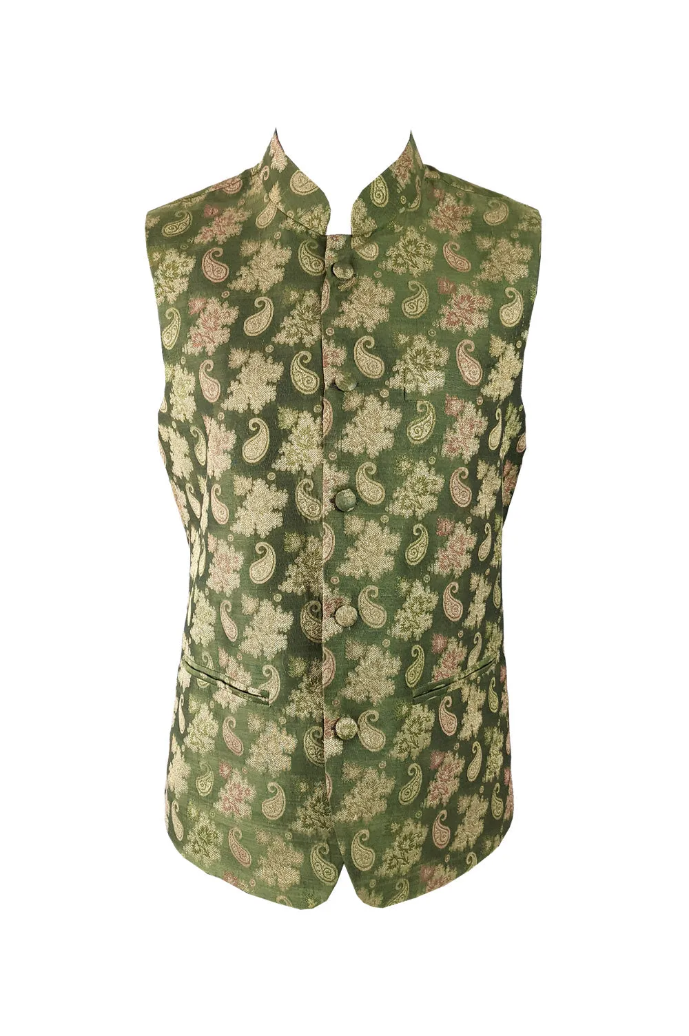 Vintage Mens Green Paisley Brocade Nehru Waistcoat, 1970s