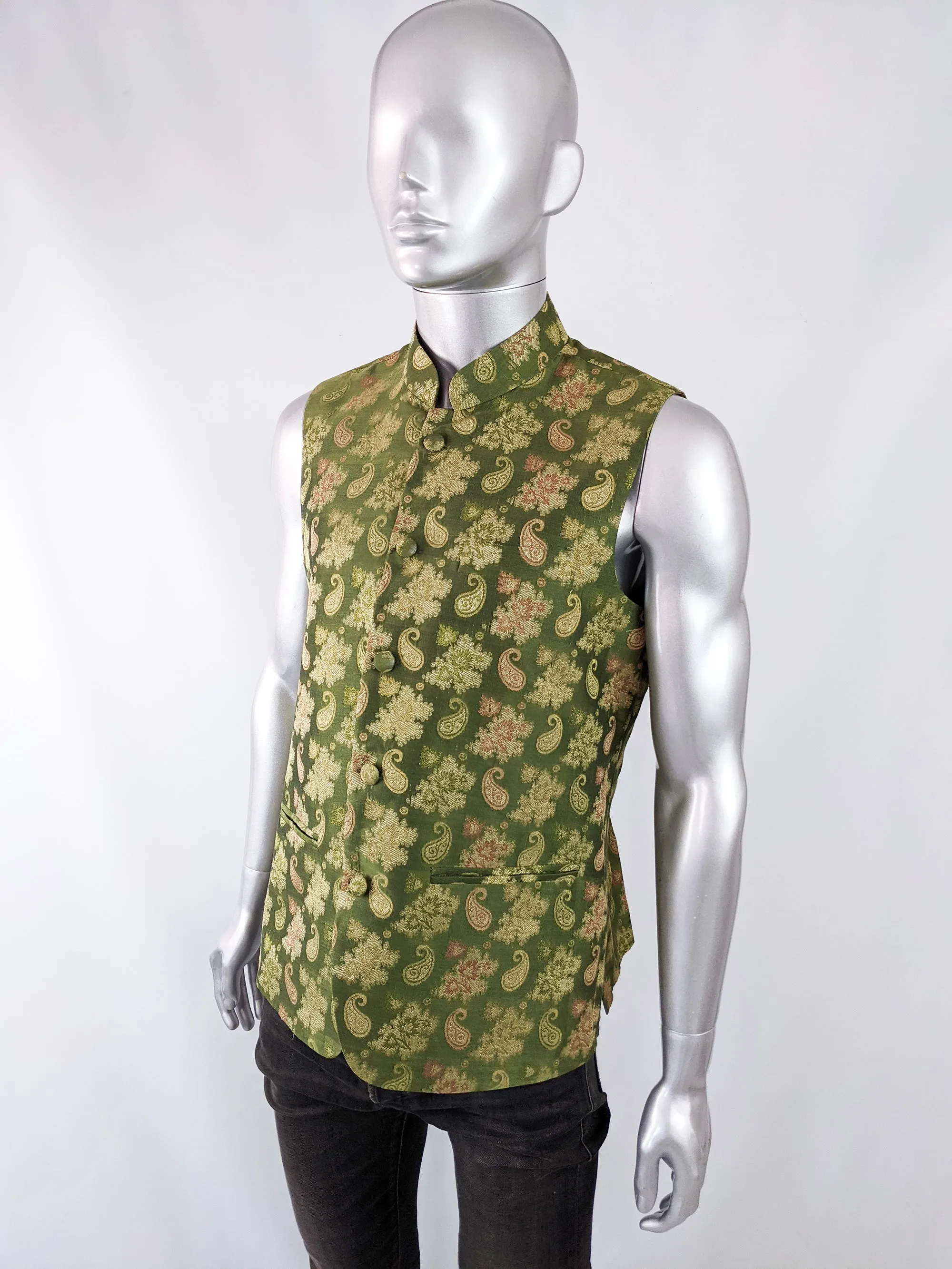 Vintage Mens Green Paisley Brocade Nehru Waistcoat, 1970s