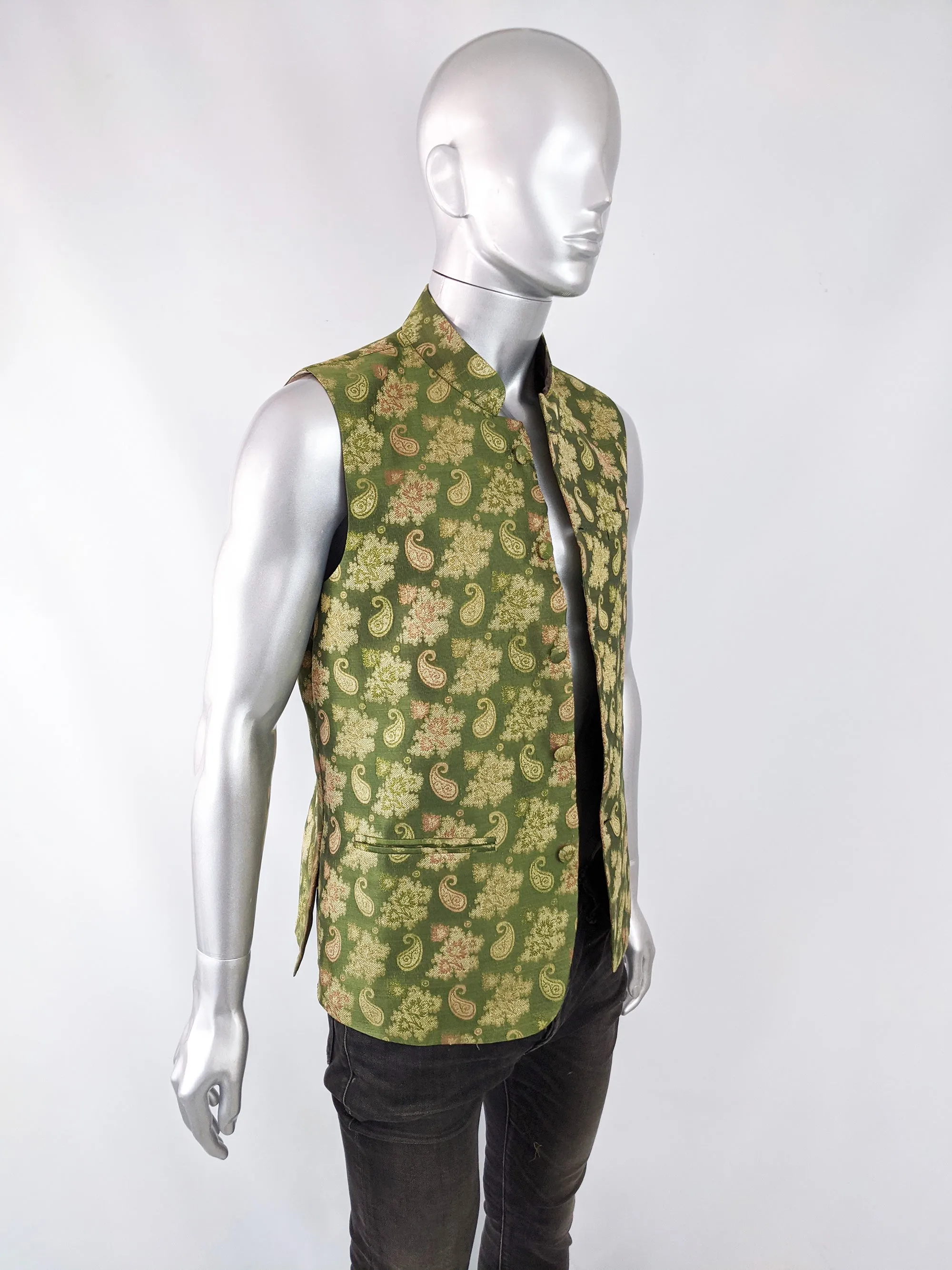 Vintage Mens Green Paisley Brocade Nehru Waistcoat, 1970s