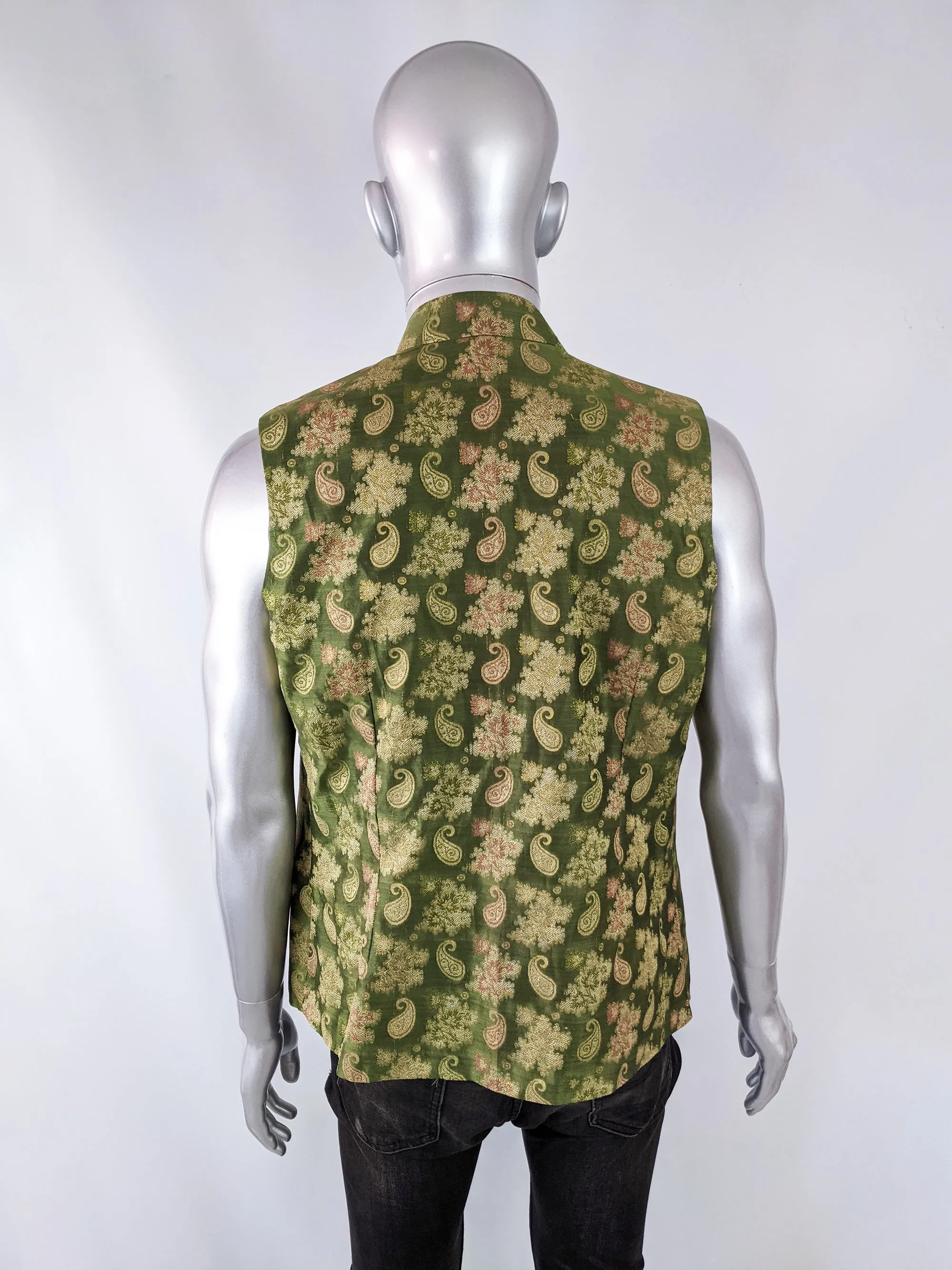 Vintage Mens Green Paisley Brocade Nehru Waistcoat, 1970s