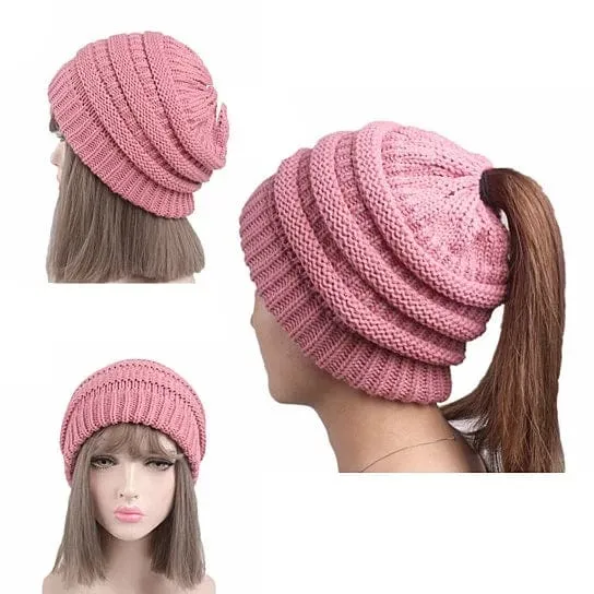 VistaShops Women's Pony Beanie Cable Knit Hat