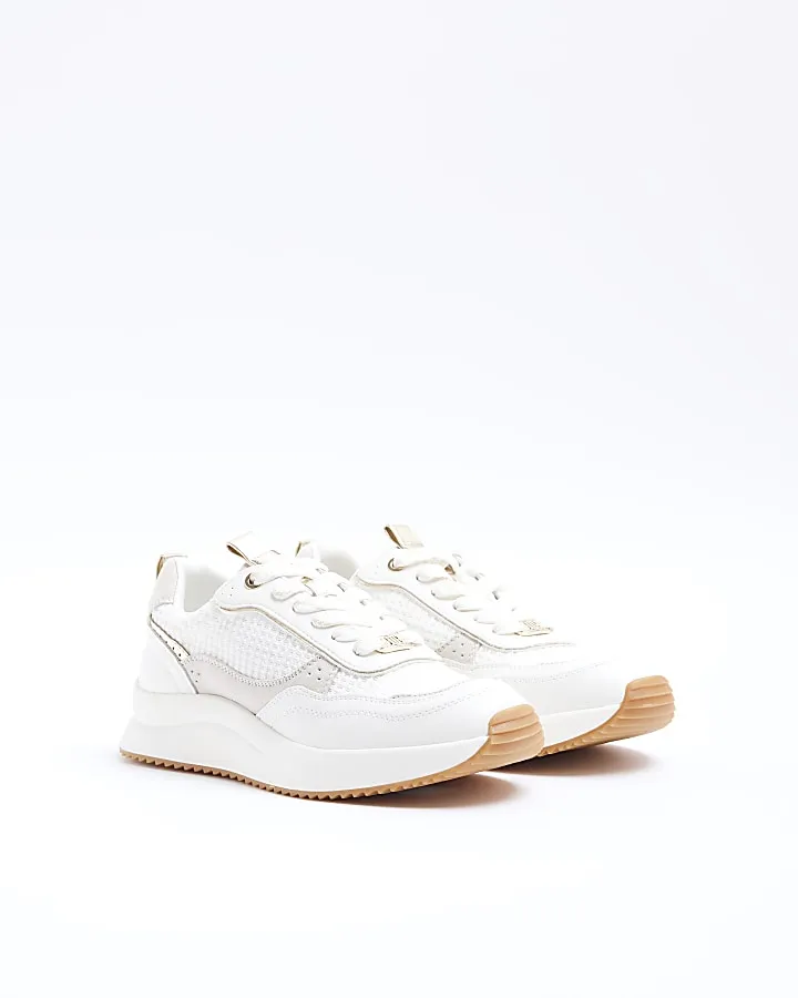 White mesh panel lace up trainers