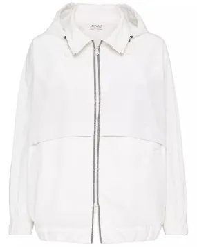 White Taffeta Hooded Zip Jacket