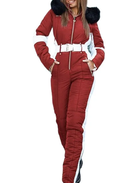 Winter Ski Jumpsuit Women Warm Hoodie Cotton Padded One Piece Snowboard Suits