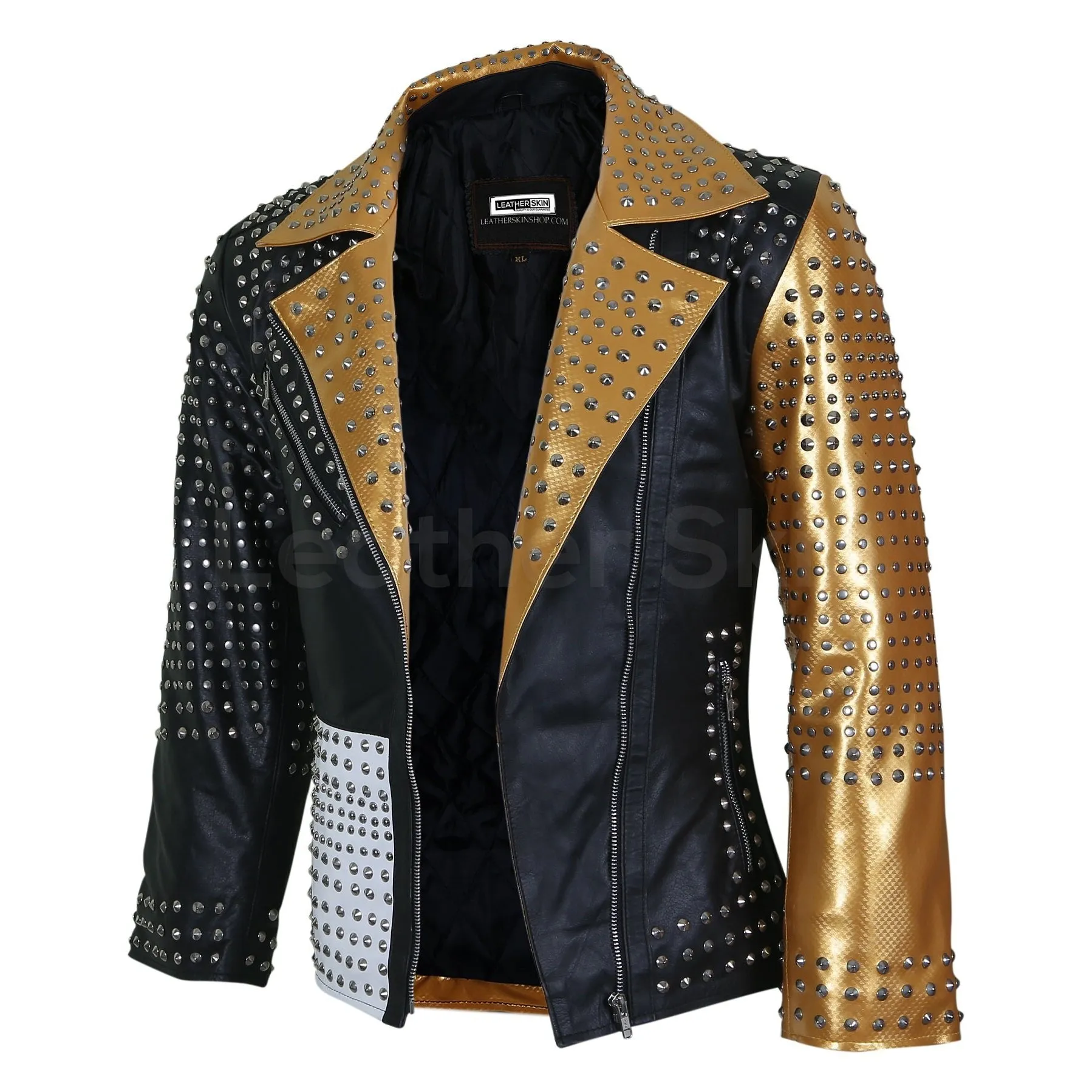 Women Black and Gold Leather Jacket with Cone Spikes - Leather Skin Shop