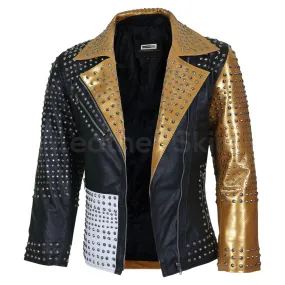 Women Black and Gold Leather Jacket with Cone Spikes - Leather Skin Shop