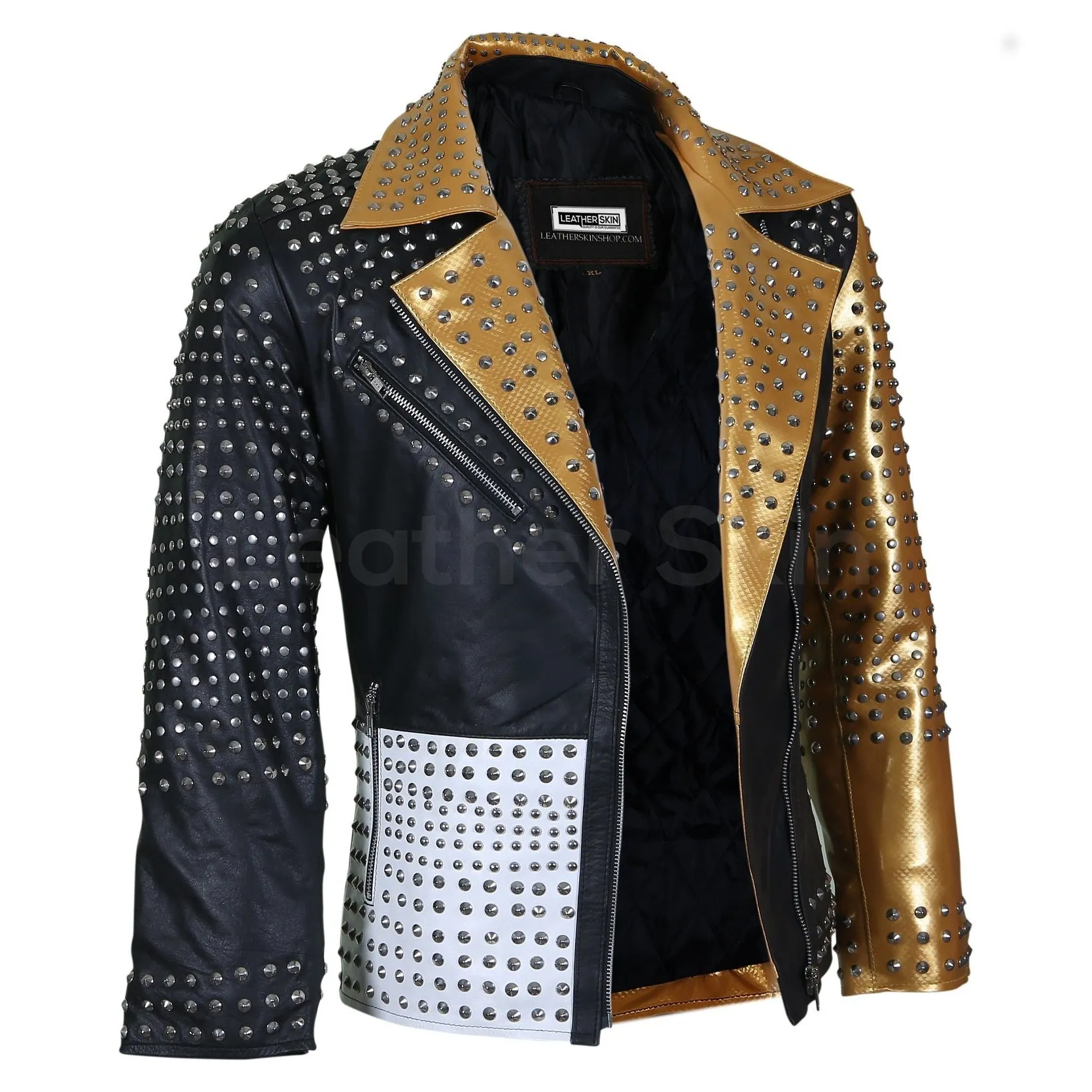 Women Black and Gold Leather Jacket with Cone Spikes - Leather Skin Shop