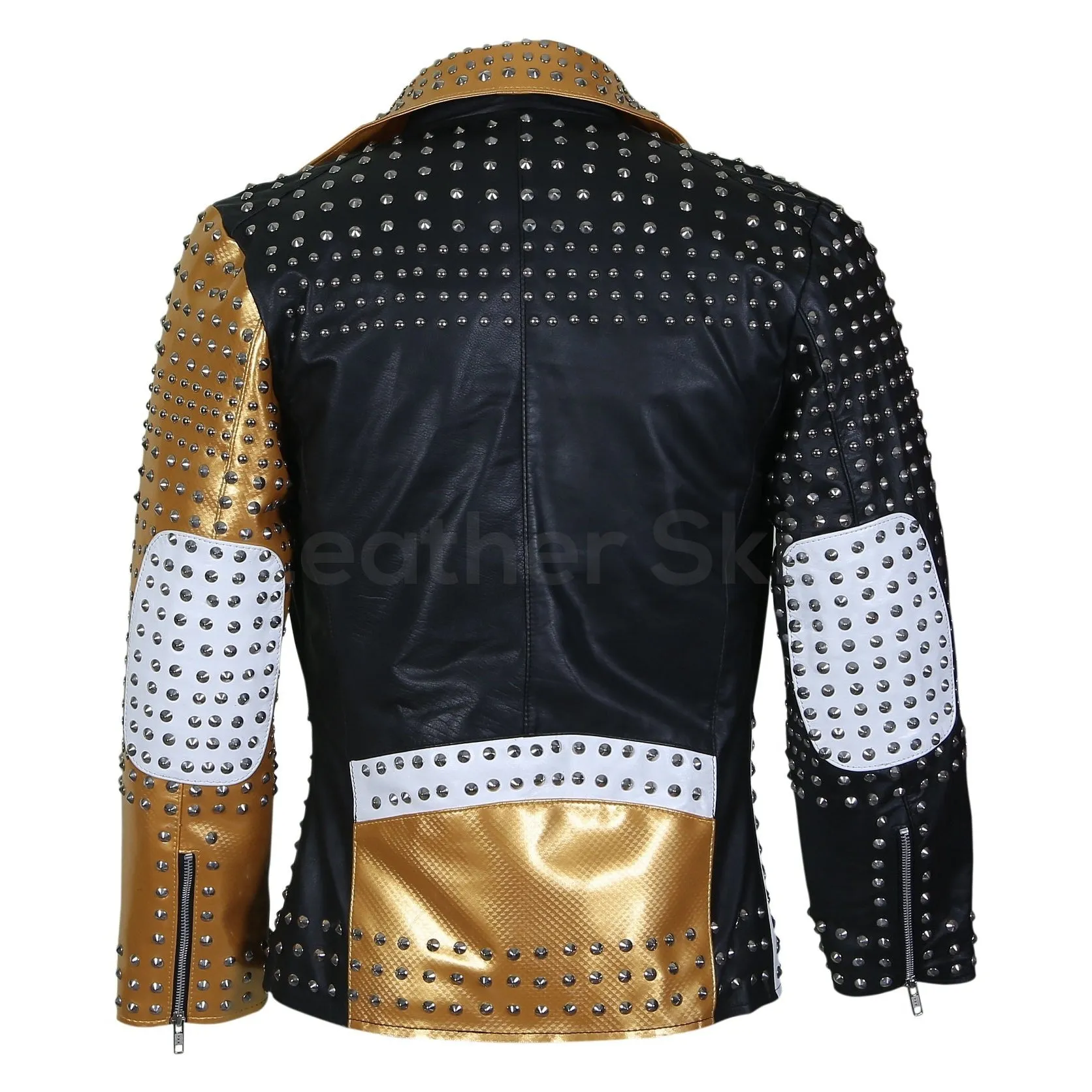 Women Black and Gold Leather Jacket with Cone Spikes - Leather Skin Shop