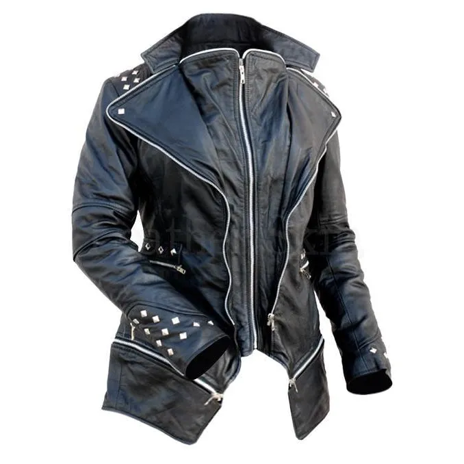 Women Black Leather Jacket with Spiked on Shoulders | Leather Skin Shop - Leather Skin Shop