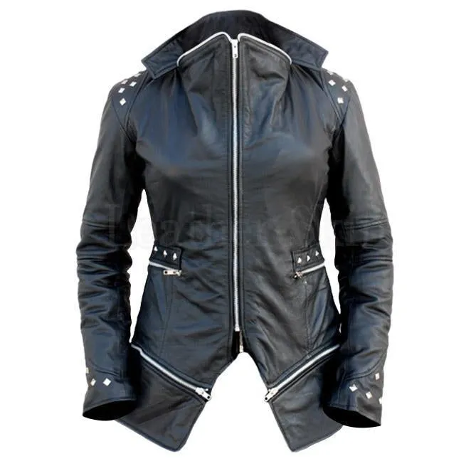 Women Black Leather Jacket with Spiked on Shoulders | Leather Skin Shop - Leather Skin Shop