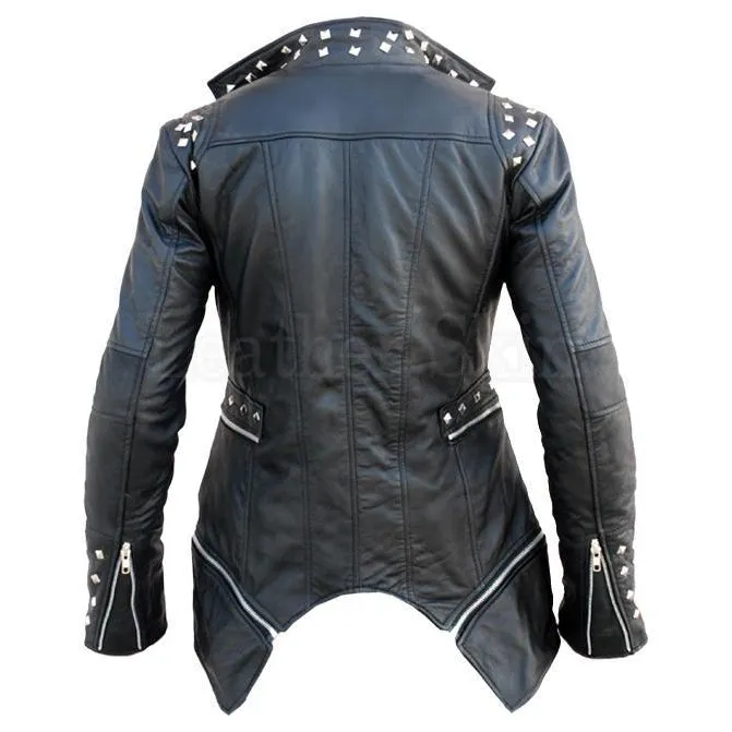 Women Black Leather Jacket with Spiked on Shoulders | Leather Skin Shop - Leather Skin Shop