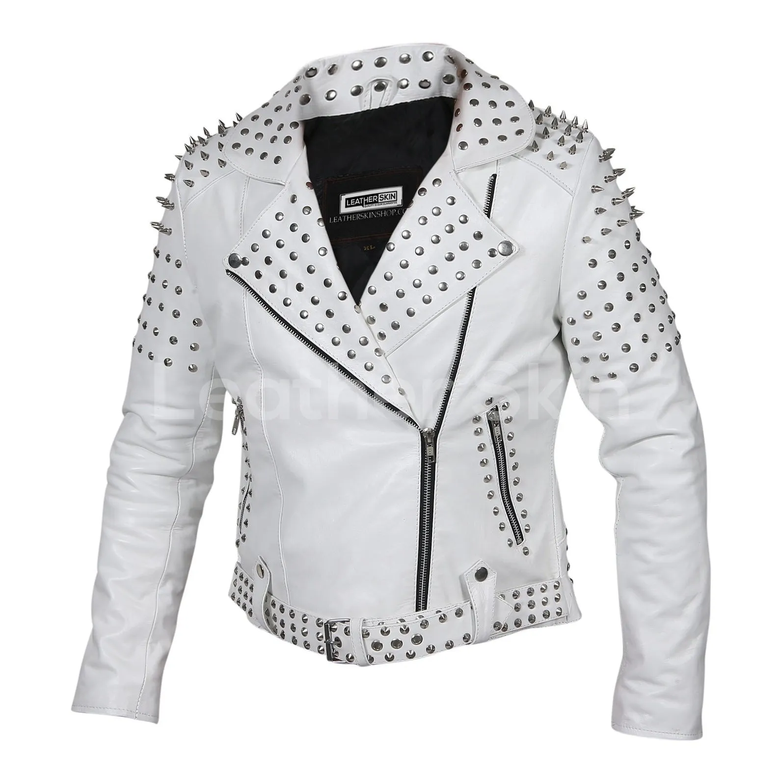 Women White Leather Jacket with Cone Tree Spikes - Leather Skin Shop