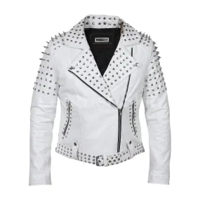 Women White Leather Jacket with Cone Tree Spikes - Leather Skin Shop