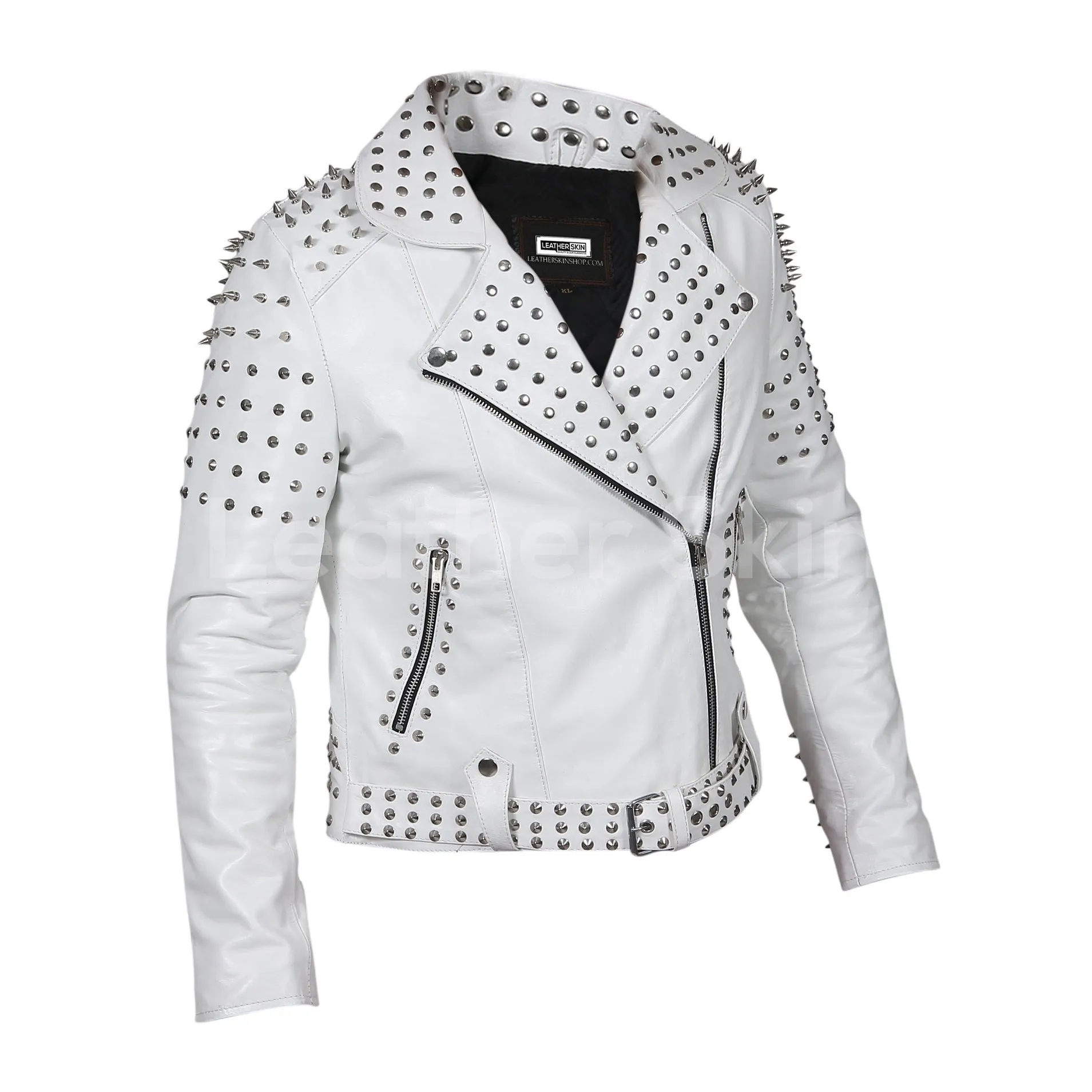 Women White Leather Jacket with Cone Tree Spikes - Leather Skin Shop