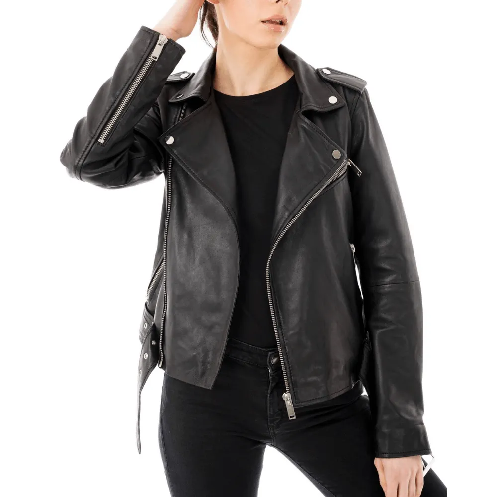 Women's Petite 'Emma' Belted Leather Biker Jacket - Barneys Originals