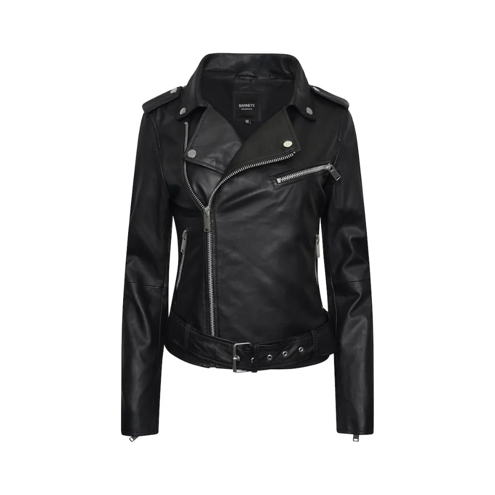 Women's Petite 'Emma' Belted Leather Biker Jacket - Barneys Originals