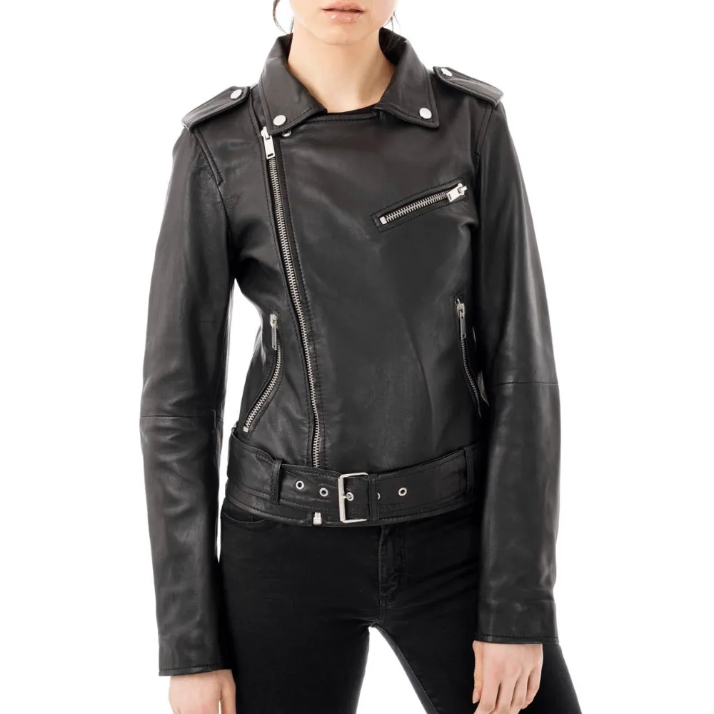 Women's Petite 'Emma' Belted Leather Biker Jacket - Barneys Originals