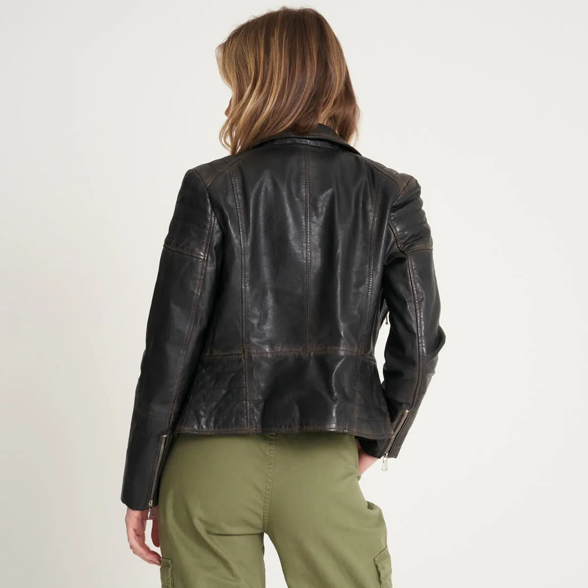 Women's Washed Clara Leather Biker Jacket - Barneys Originals