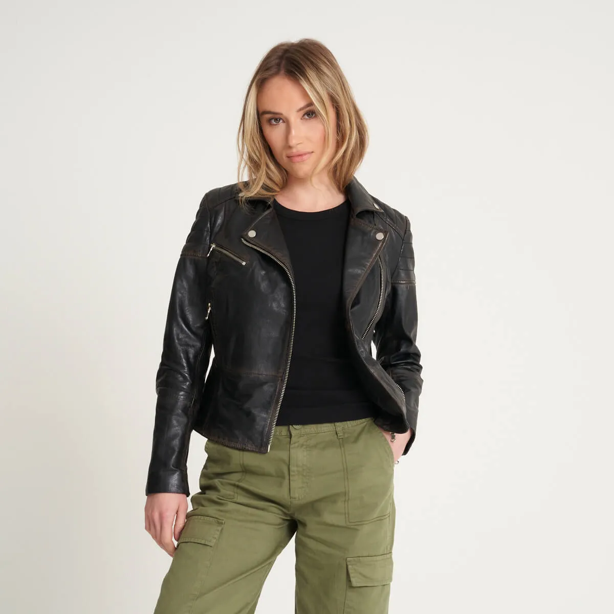 Women's Washed Clara Leather Biker Jacket - Barneys Originals