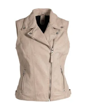 Women's beige leather vest \novalee\ biker style