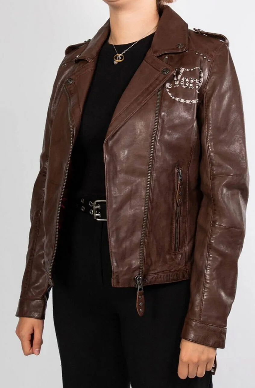 Women's bison biker style leather jacket in rose garden lacosta