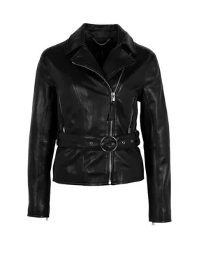 Women's black biker style leather jacket 3101-0015