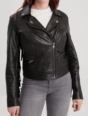 Women's black biker style leather jacket with fringes 102591