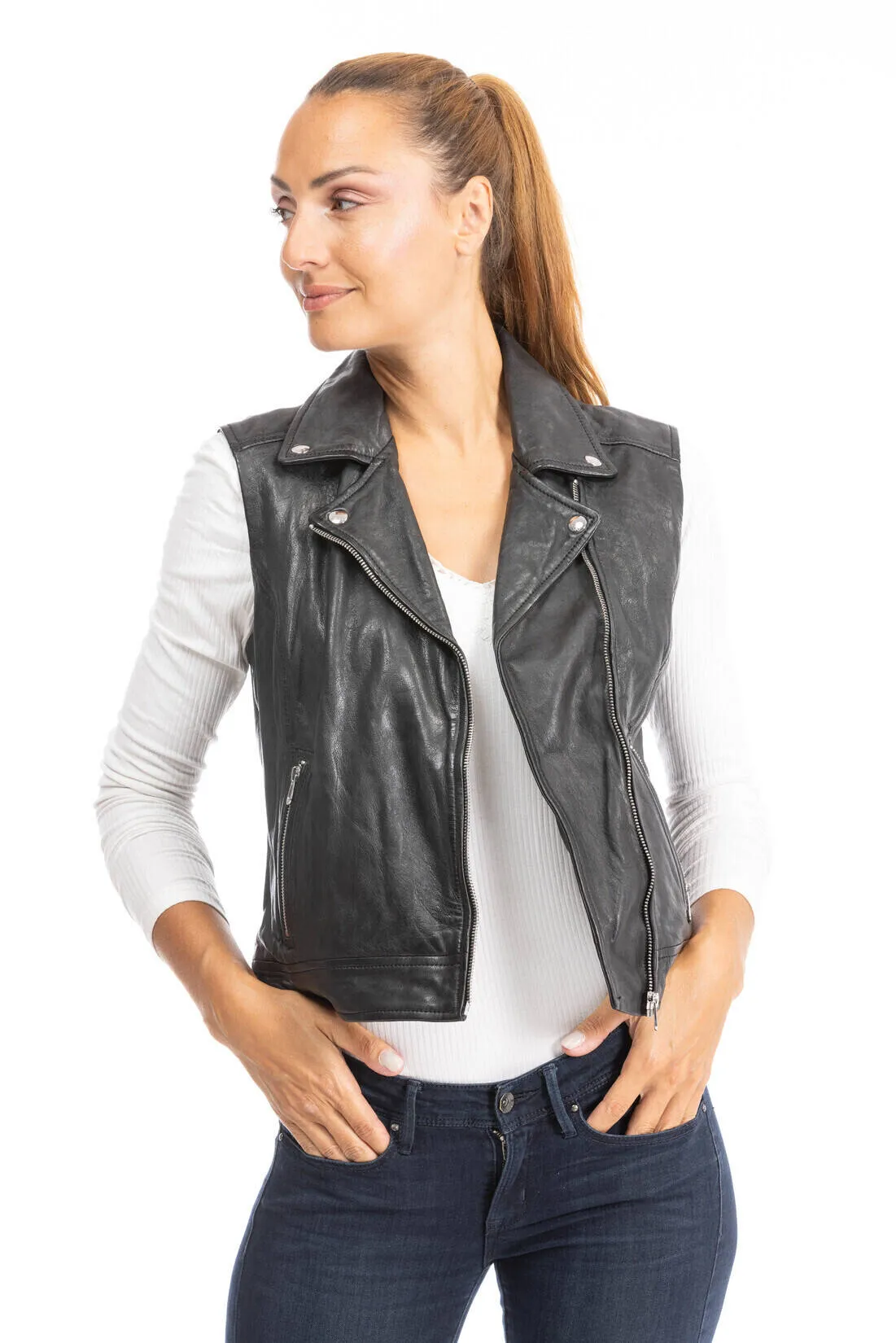 Women's black leather sleeveless vest 102338