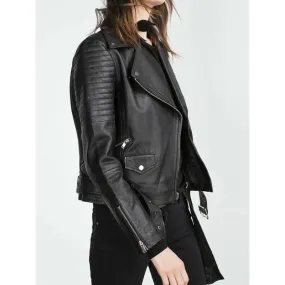 Women's Black synthetic Leather Moto Biker Zipper Jacket with Belt