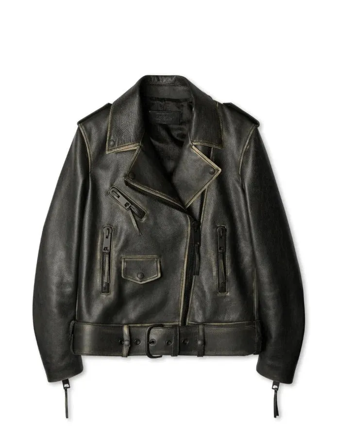 Women’s Black Vintage Biker Leather Jacket with Moto Style