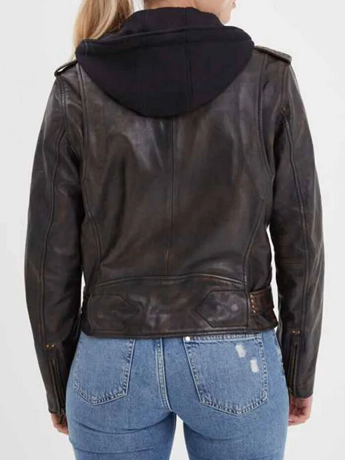 Women's black/cognac hooded leather jacket in rose garden line biker style