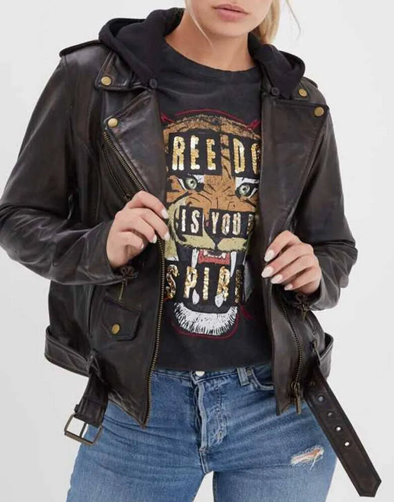 Women's black/cognac hooded leather jacket in rose garden line biker style