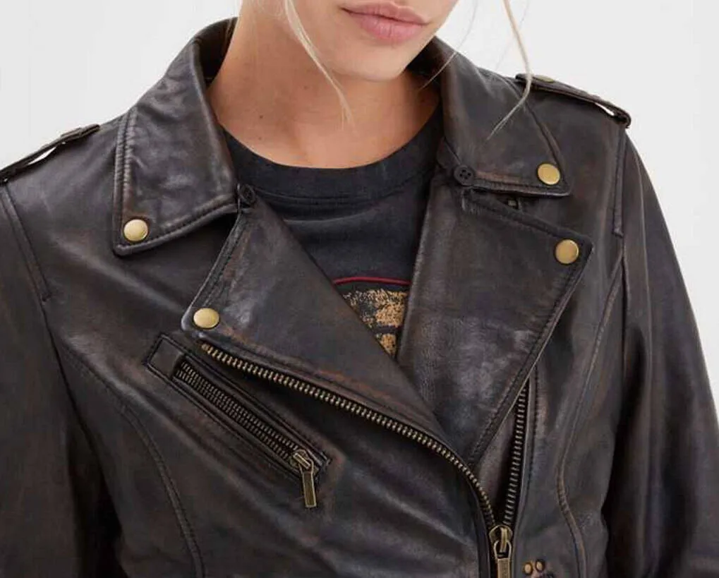 Women's black/cognac hooded leather jacket in rose garden line biker style