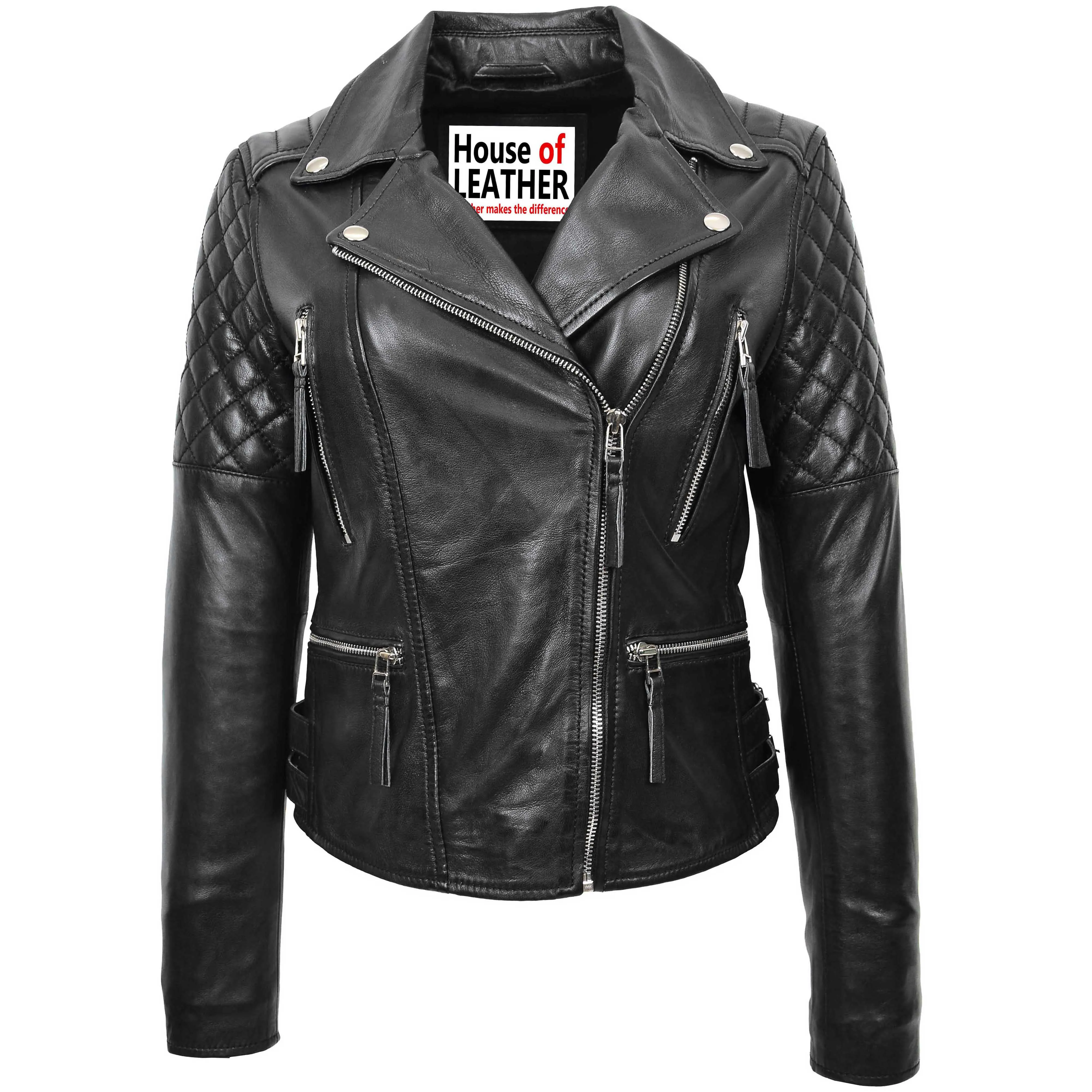 Womens Cross Zip Biker Leather Jacket Claudia Black