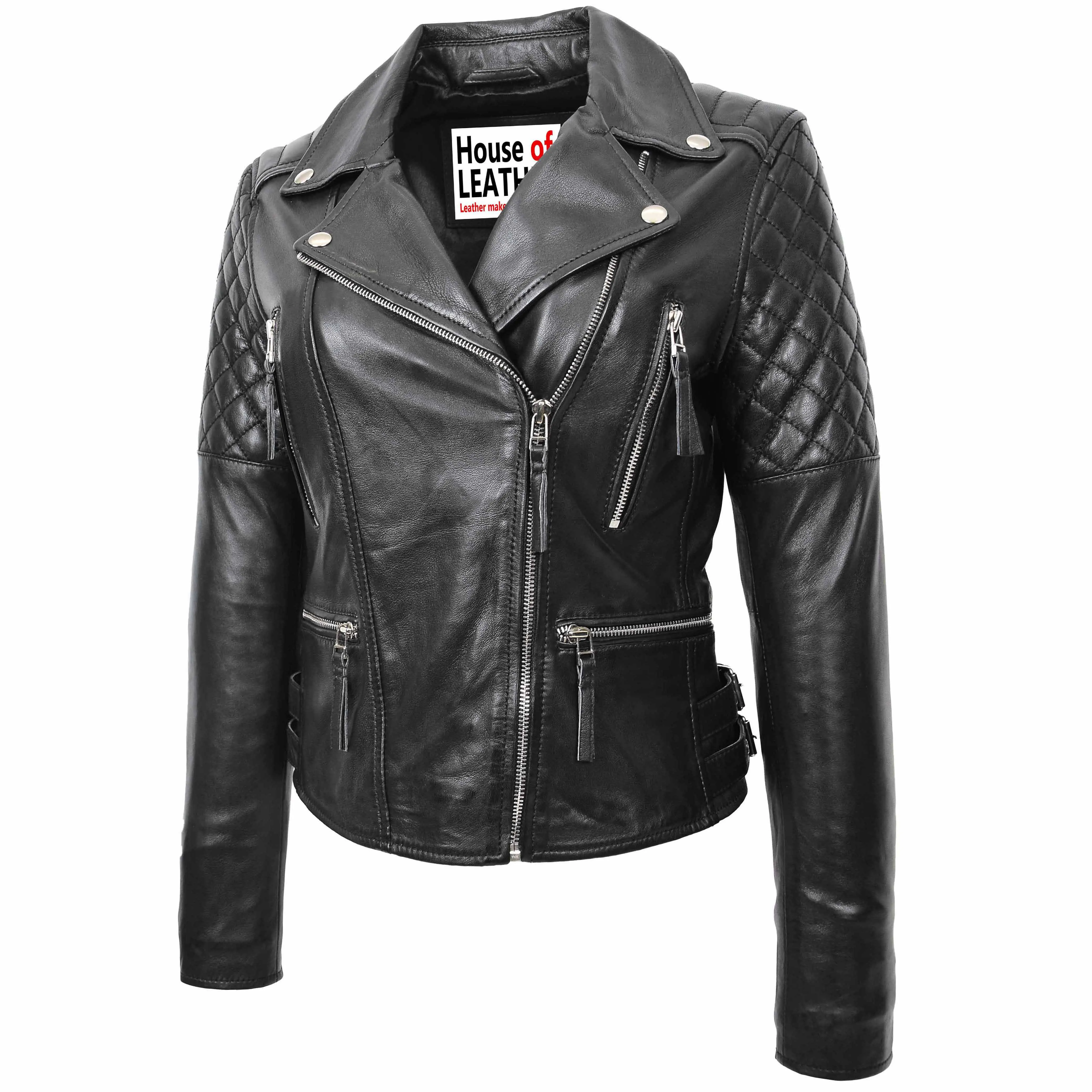 Womens Cross Zip Biker Leather Jacket Claudia Black