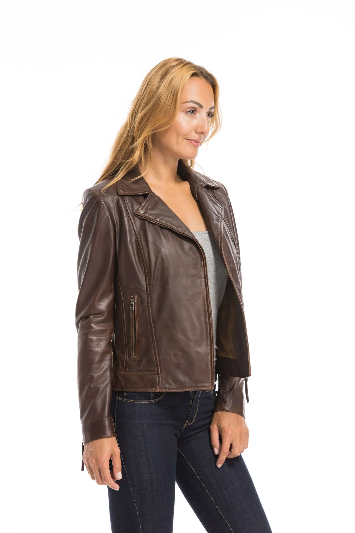 Women's dark cognac leather jacket bella biker style