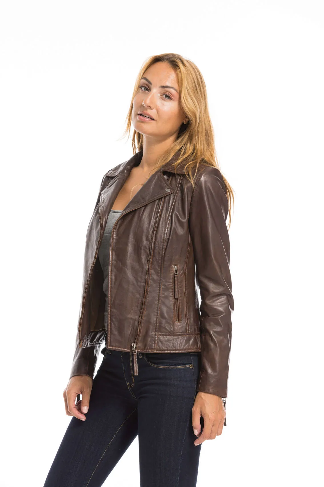 Women's dark cognac leather jacket bella biker style