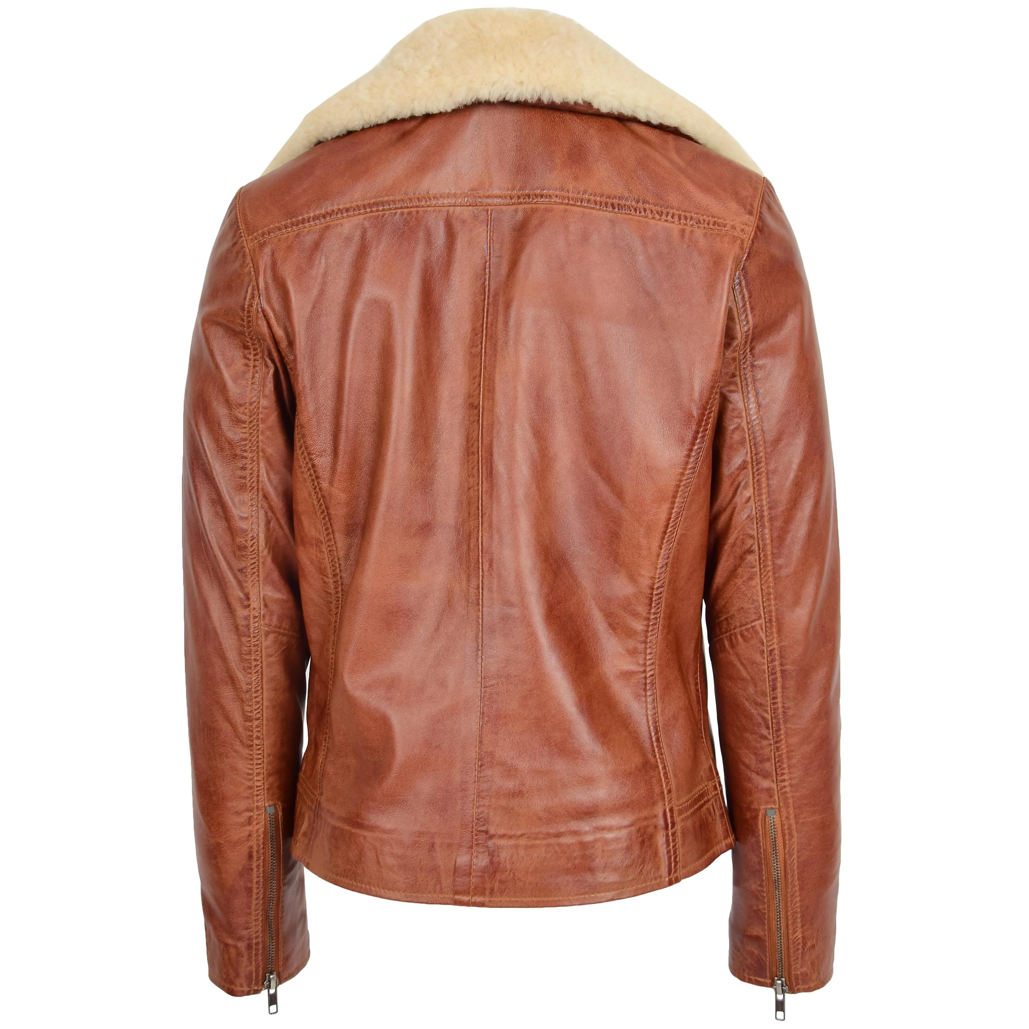 Womens Leather Biker Jacket with Detachable Collar Lauren Chestnut