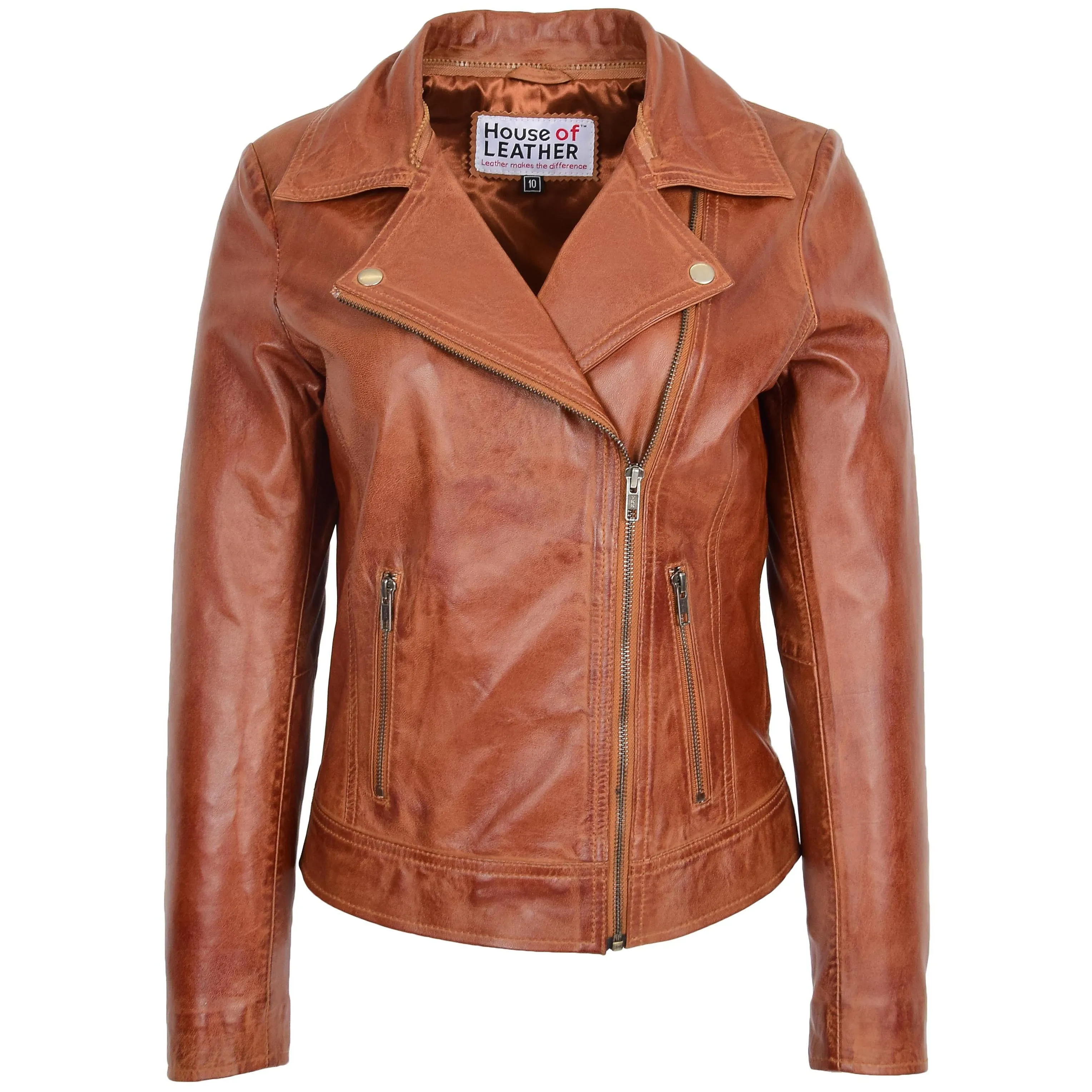 Womens Leather Biker Jacket with Detachable Collar Lauren Chestnut