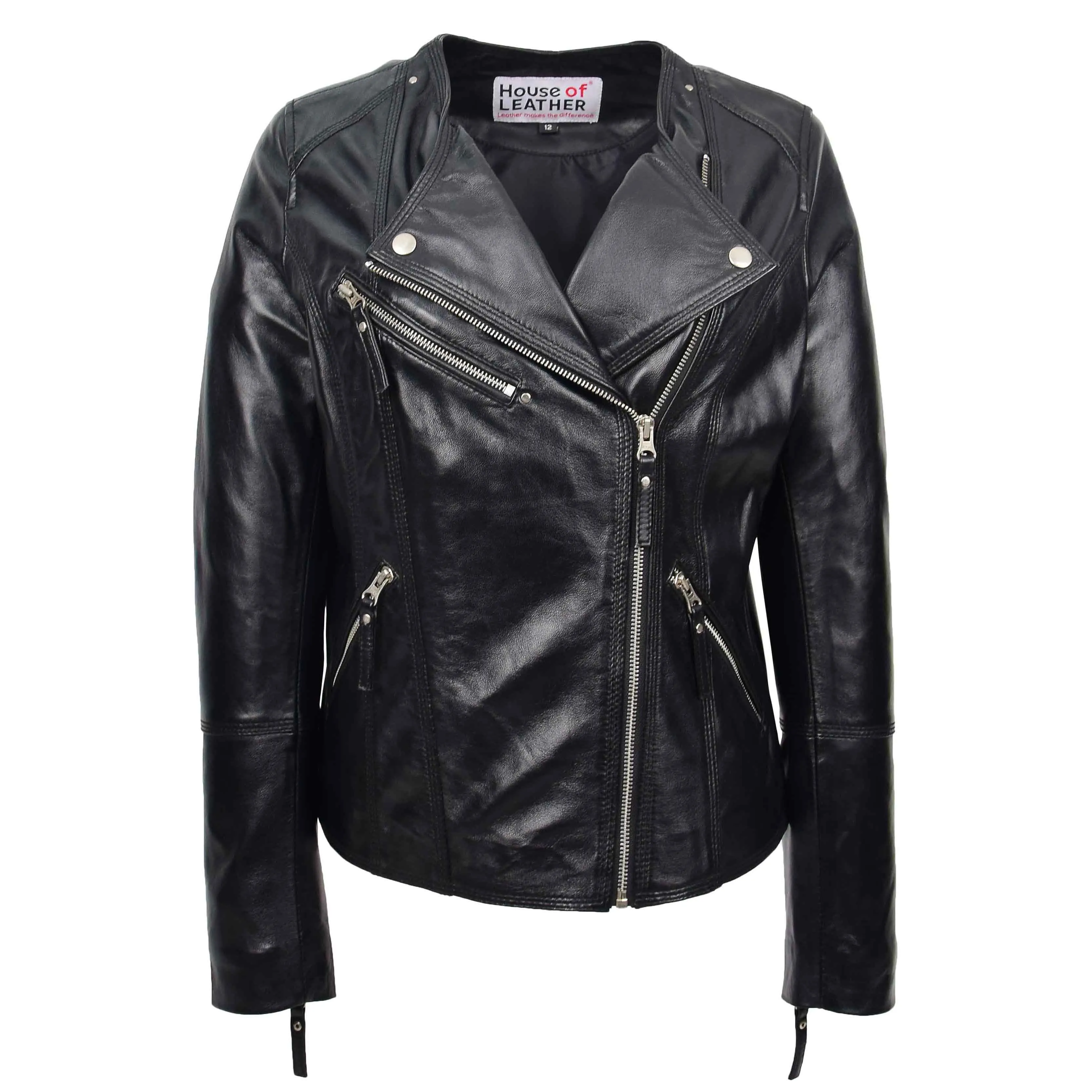 Womens Leather Casual Biker Jacket Cross Zip Shelly Black