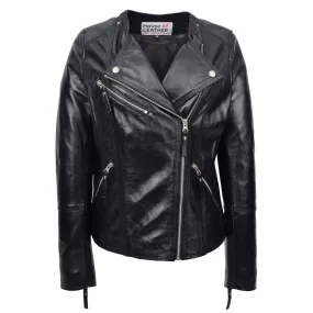 Womens Leather Casual Biker Jacket Cross Zip Shelly Black