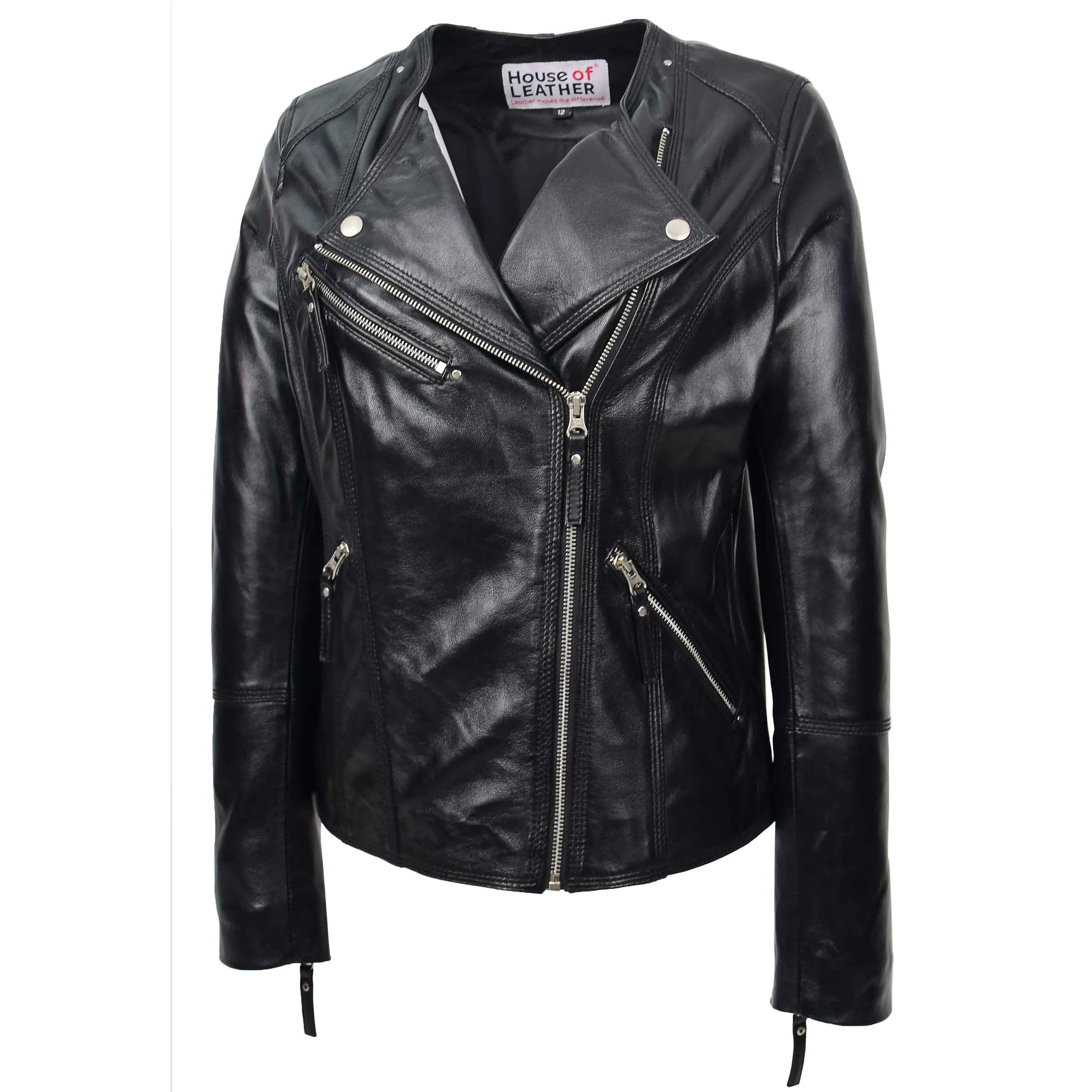 Womens Leather Casual Biker Jacket Cross Zip Shelly Black