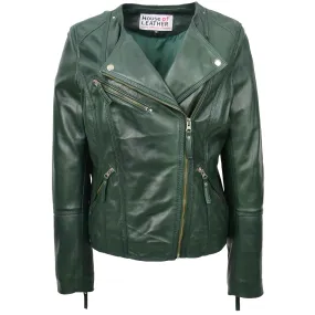 Womens Leather Casual Biker Jacket Cross Zip Shelly Green