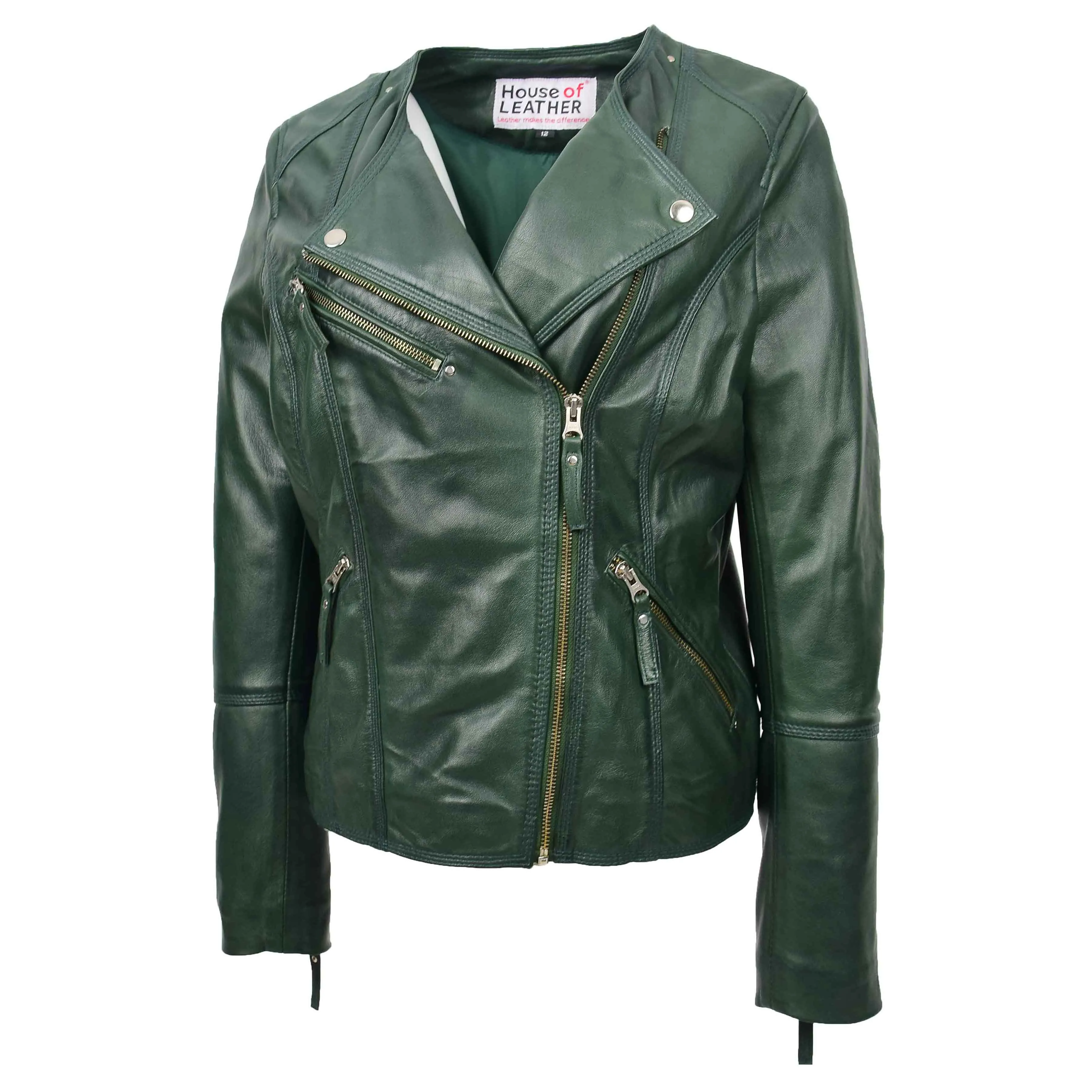 Womens Leather Casual Biker Jacket Cross Zip Shelly Green