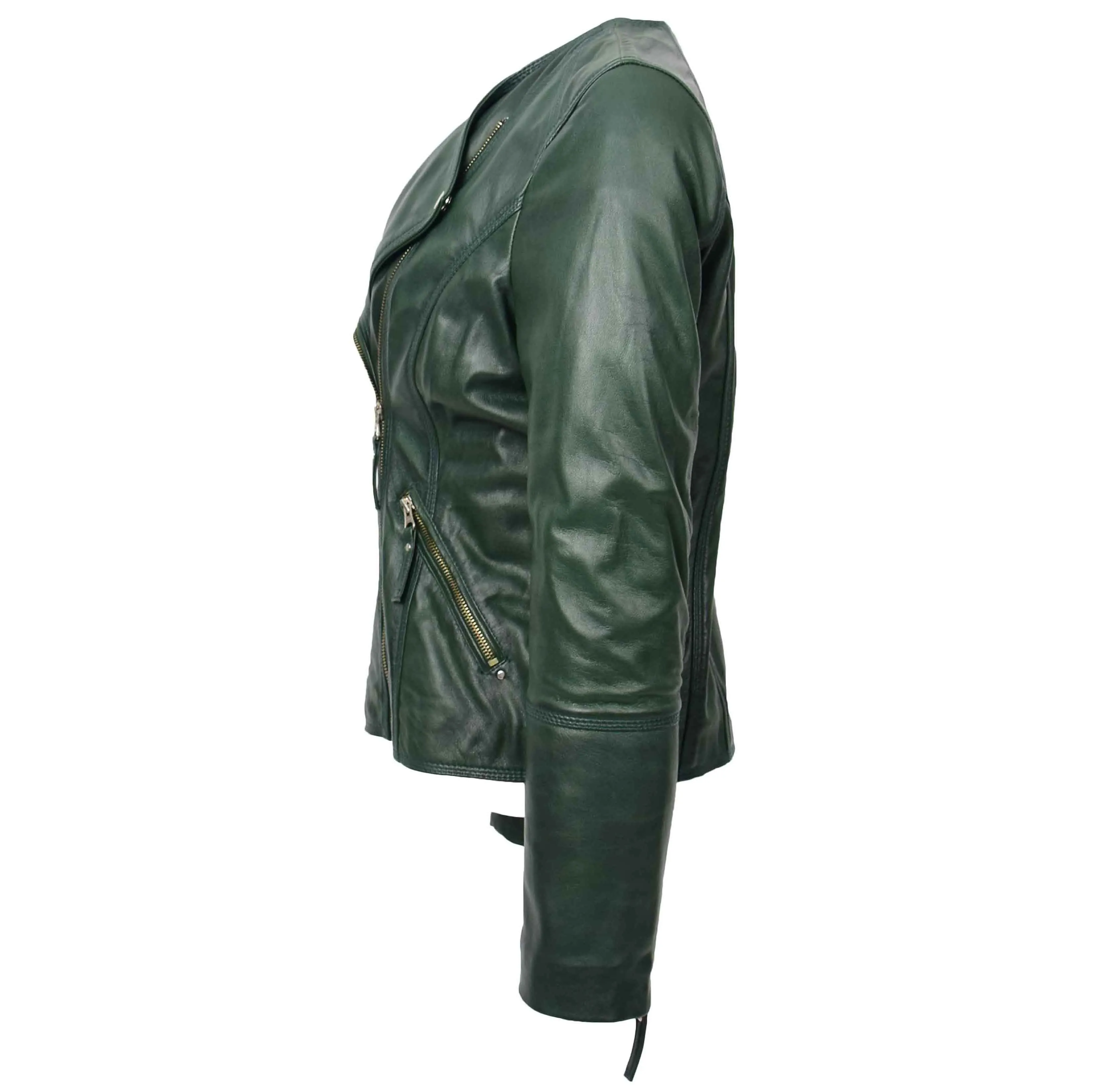 Womens Leather Casual Biker Jacket Cross Zip Shelly Green