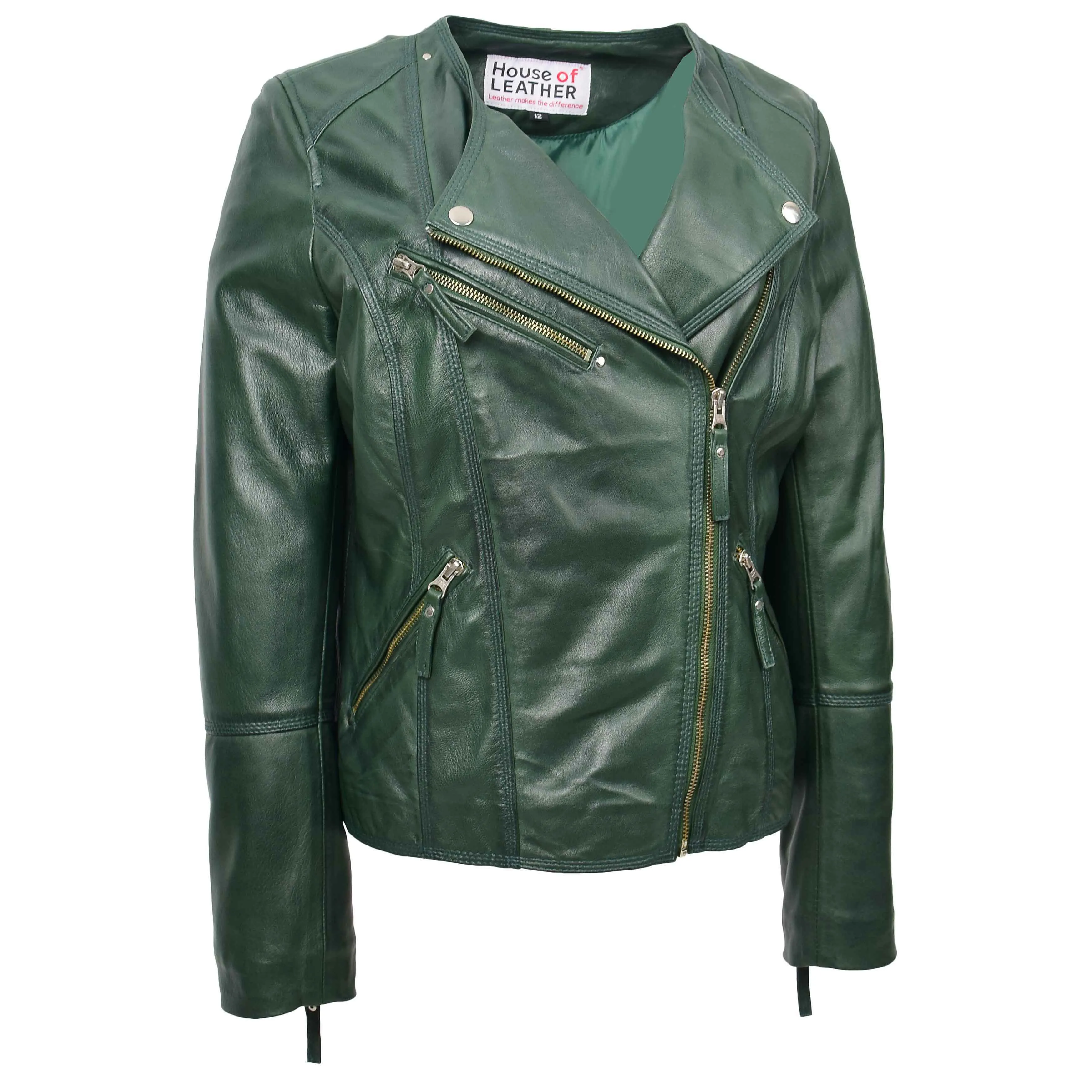 Womens Leather Casual Biker Jacket Cross Zip Shelly Green