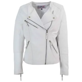 Womens Leather Casual Biker Jacket Cross Zip Shelly Off White