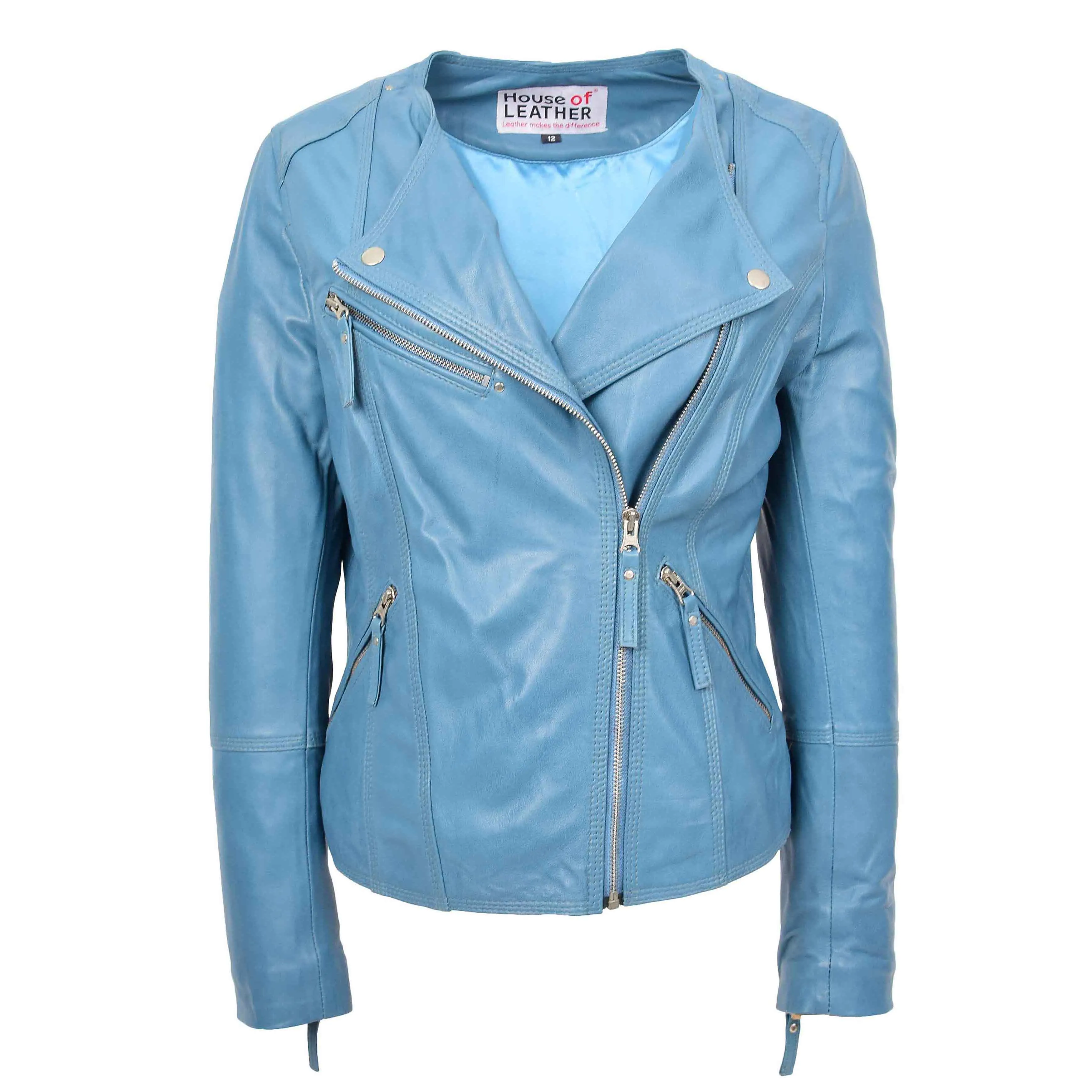 Womens Leather Casual Biker Jacket Cross Zip Shelly Teal