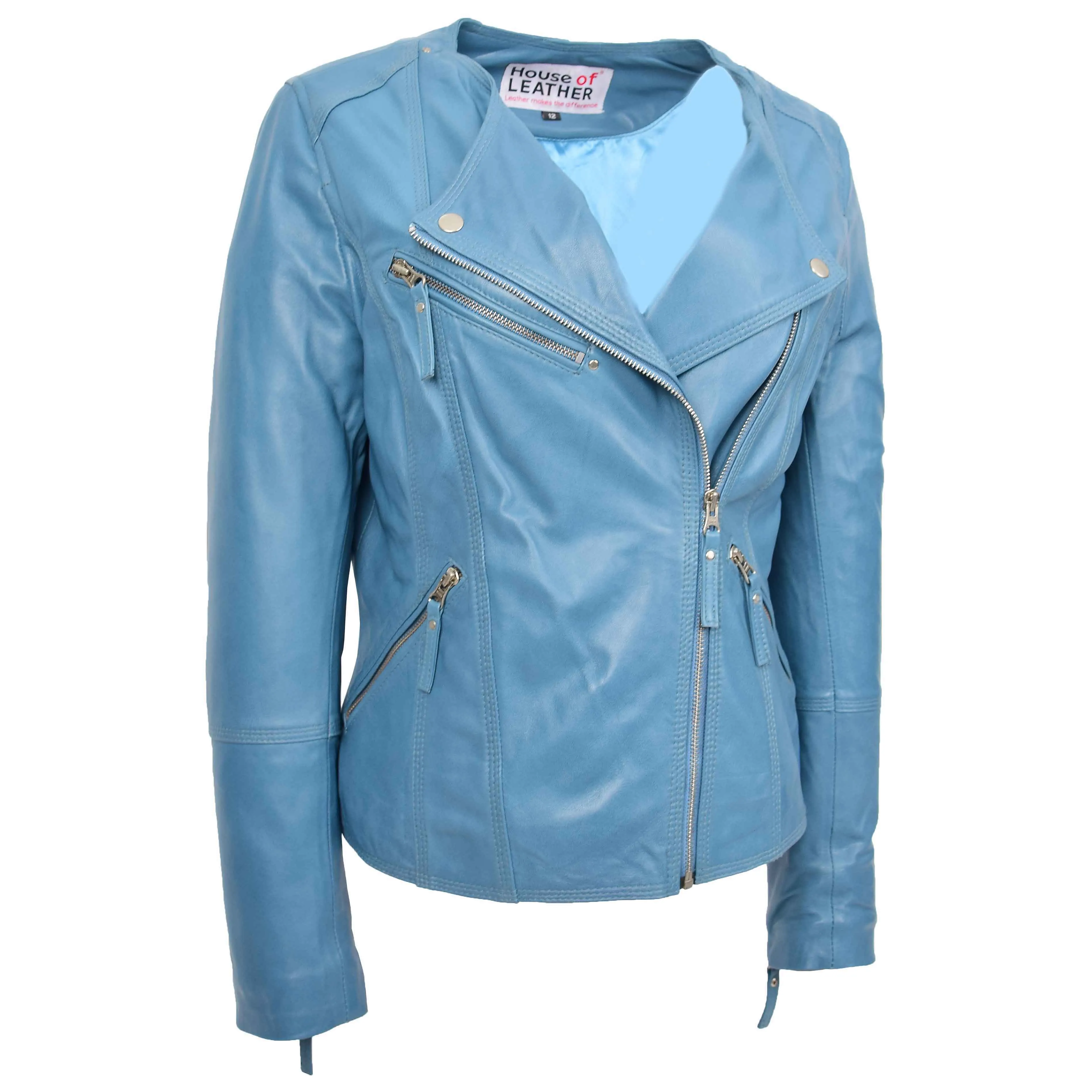 Womens Leather Casual Biker Jacket Cross Zip Shelly Teal